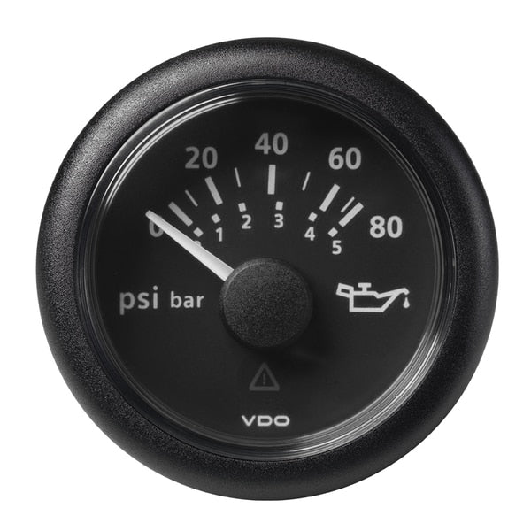 2-1/16" Oil Pressure Gauge 80 PSI/5 Bar-8-32V-Black Dial-Round Bezel