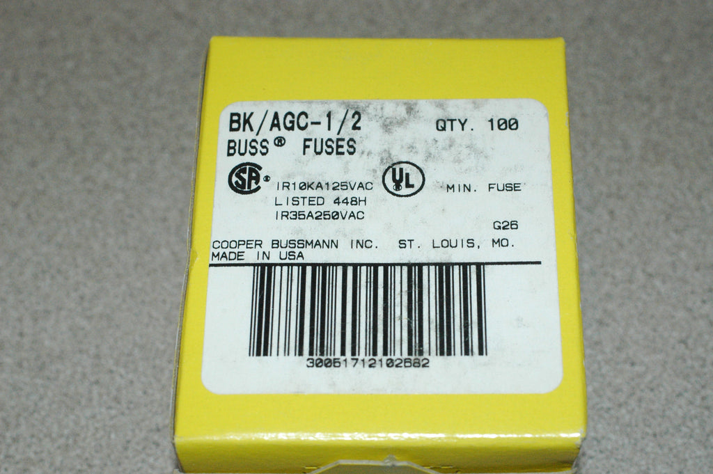 Cooper Bussmann BK/AGC-1/2 glass buss fuse .5 amp 250 max volts BOX of 100 Electrical & Lighting part from MarineSurplus.com