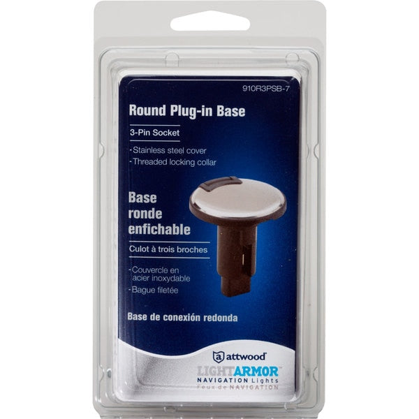 Attwood 910R3PSB-7 LightArmor 910R Series Round 3-Pin Light Base - Overmold 306 SS,  Black Cover
